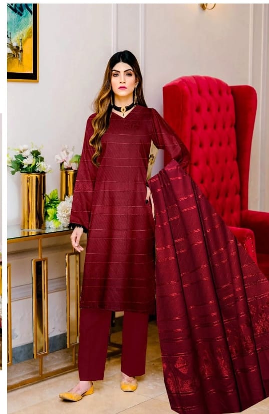 Dhanak 3pcs Jacquard Suit with Velvet Shawl