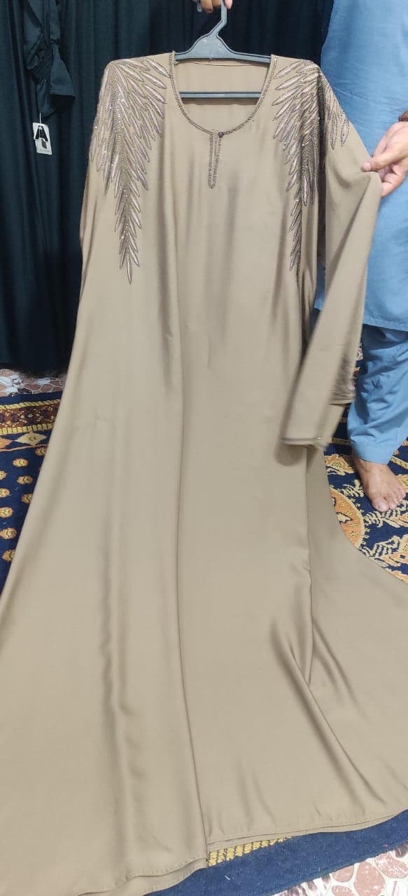 BinEman Zoom Fabric Fancy Abaya - Light Beige